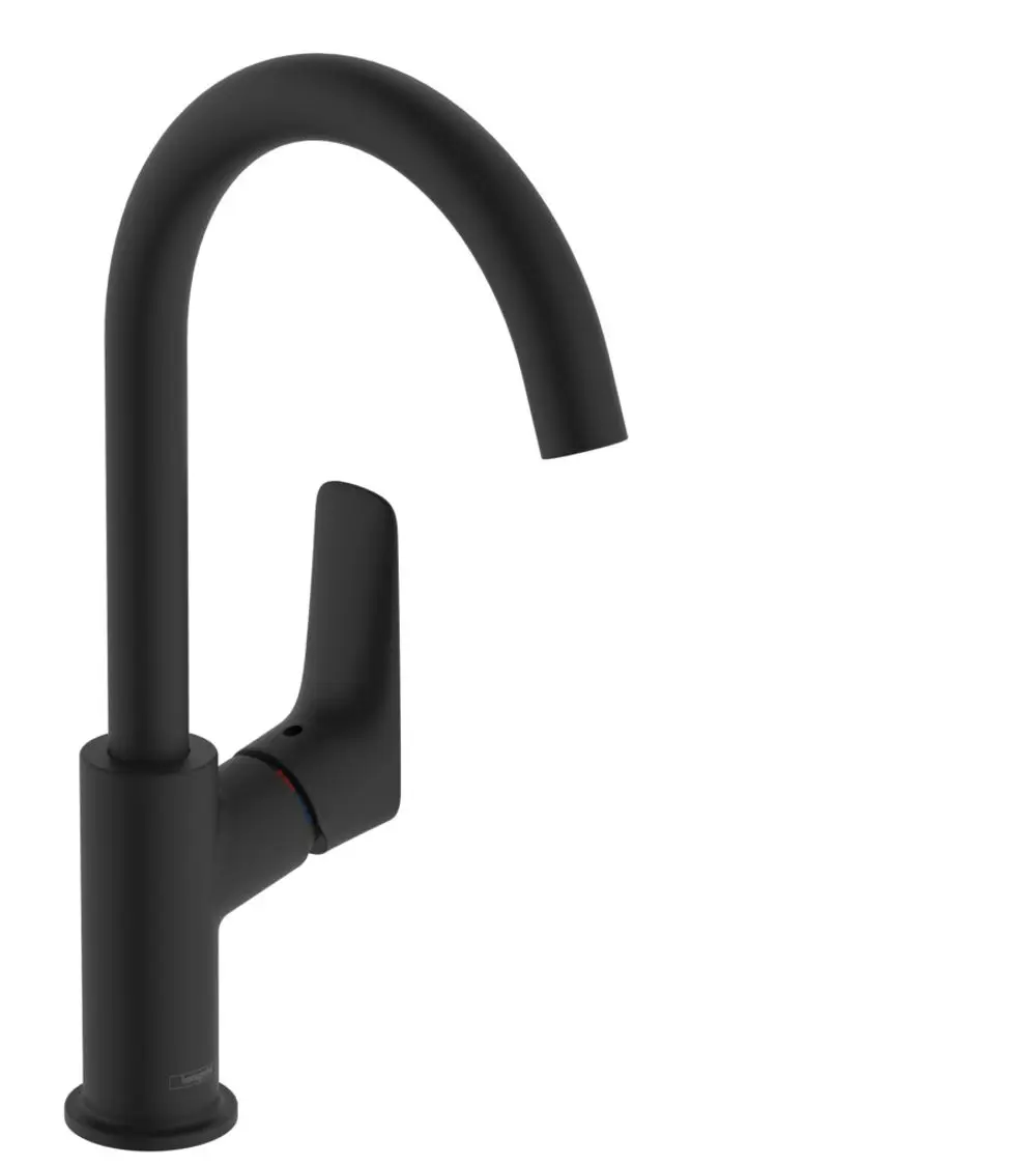 Schwenkauslauf-Waschtischmischer in Mattschwarz von Hansgrohe mit Einhebelbedienung und Zugstangen-Ablaufgarnitur, montiert auf robuster Basis.